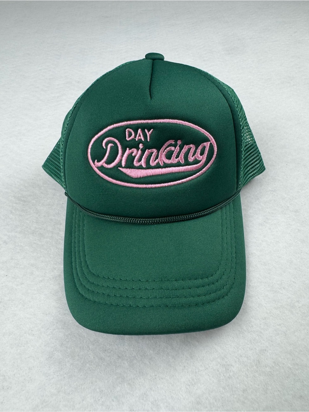 Day Drinking Trucker Hat Green Pink Embroidered Snapback